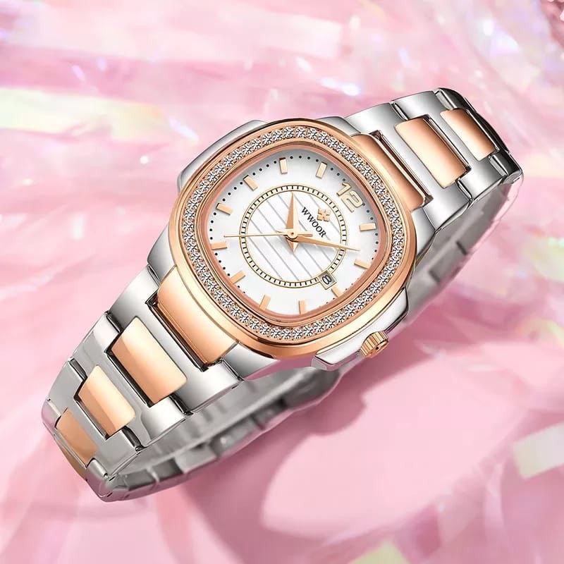 WWOOR LADIES WATCH MODEL 8877 ROSE GOLD&YELLOW GOLD DATE DISPLAY STAINLESS STEEL WATER RESISTANT PLUS BRANDED BOX