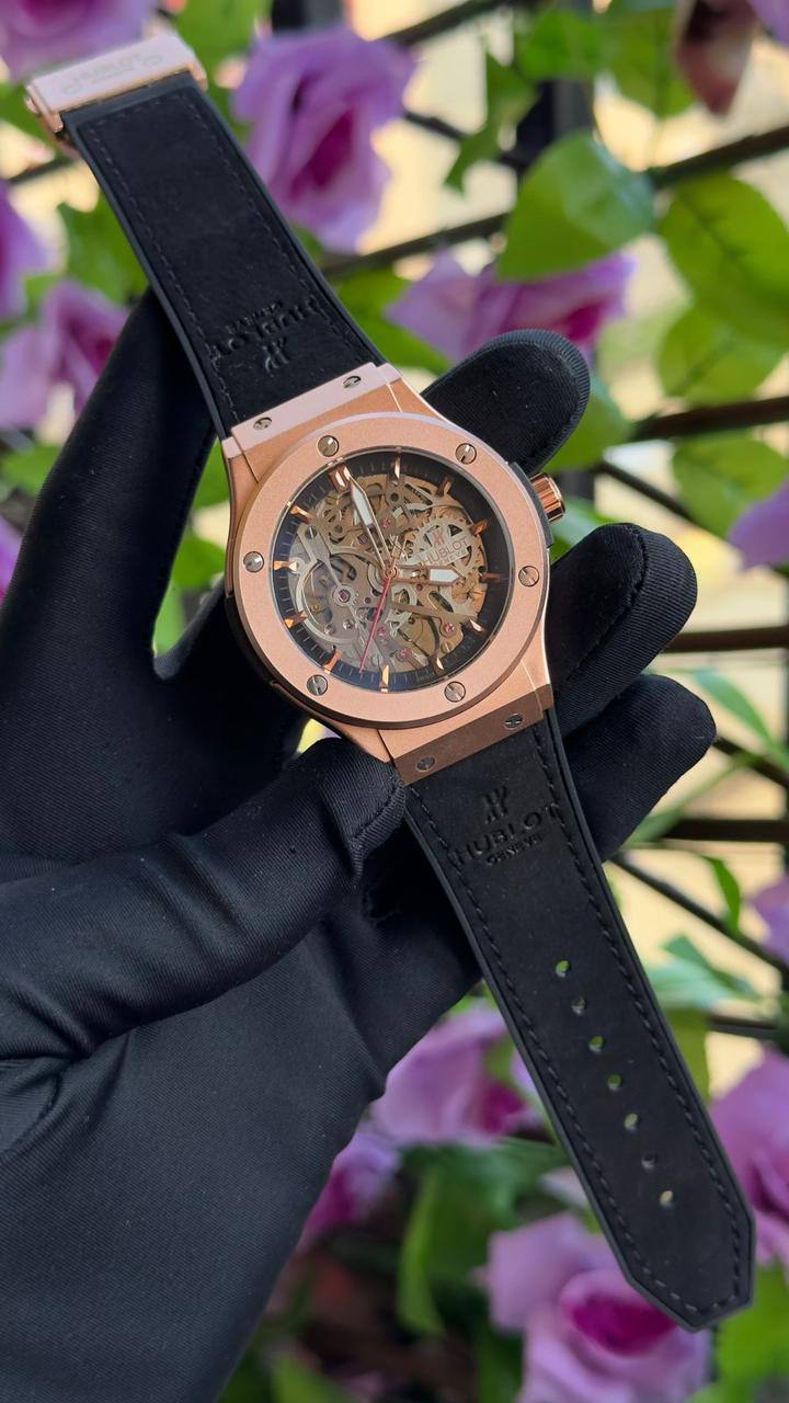 HUBLOT AUTOMATIC GENTS WATCH TOURBILLON MACHINE WATER RESISTANT LEATHER X RUBBER HUBLOT STRAP AND ENQUIRIES