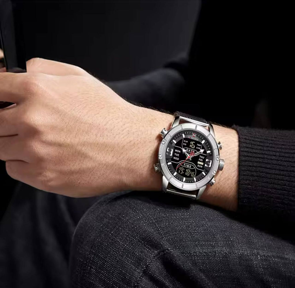 NAVIFORCE GENTS WATCH #NF 9153 ANALOGUE & DIGITAL DISPLAY LIGHT BUTTON WATER RESISTANT BATTERY POWERED AND ENQUIRIES