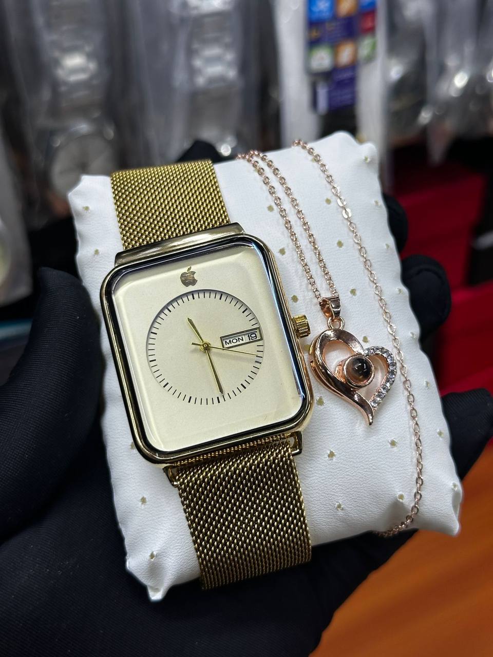 APPLE WATCH X I LOVE YOU 100 LANGUAGES NECKLACE DAY AND DATE DISPLAY APPLE WATCH WATER RESISTANT STAINLESS STEEL POLISH AND ENQUIRIES