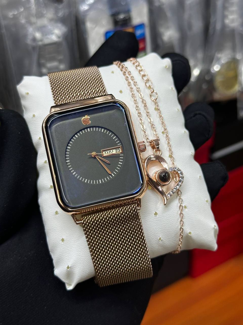 APPLE WATCH X I LOVE YOU 100 LANGUAGES NECKLACE DAY AND DATE DISPLAY APPLE WATCH WATER RESISTANT STAINLESS STEEL POLISH AND ENQUIRIES