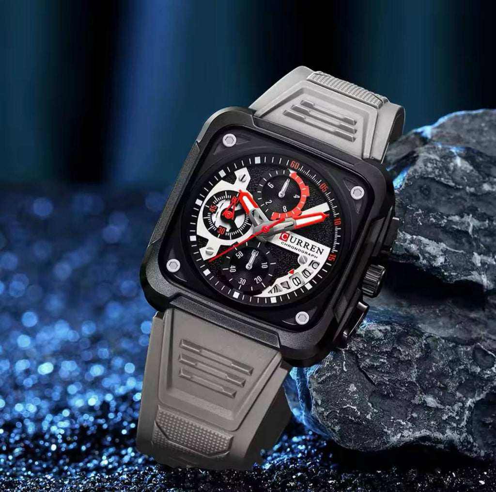 CURREN GENTS WATCH #8461 SILICONE STRAP WATER RESISTANT CHRONOGRAPH MOVEMENT DATE DISPLAY BATTERY POWERED CURREN BRANDED BOX ENQUIRIES