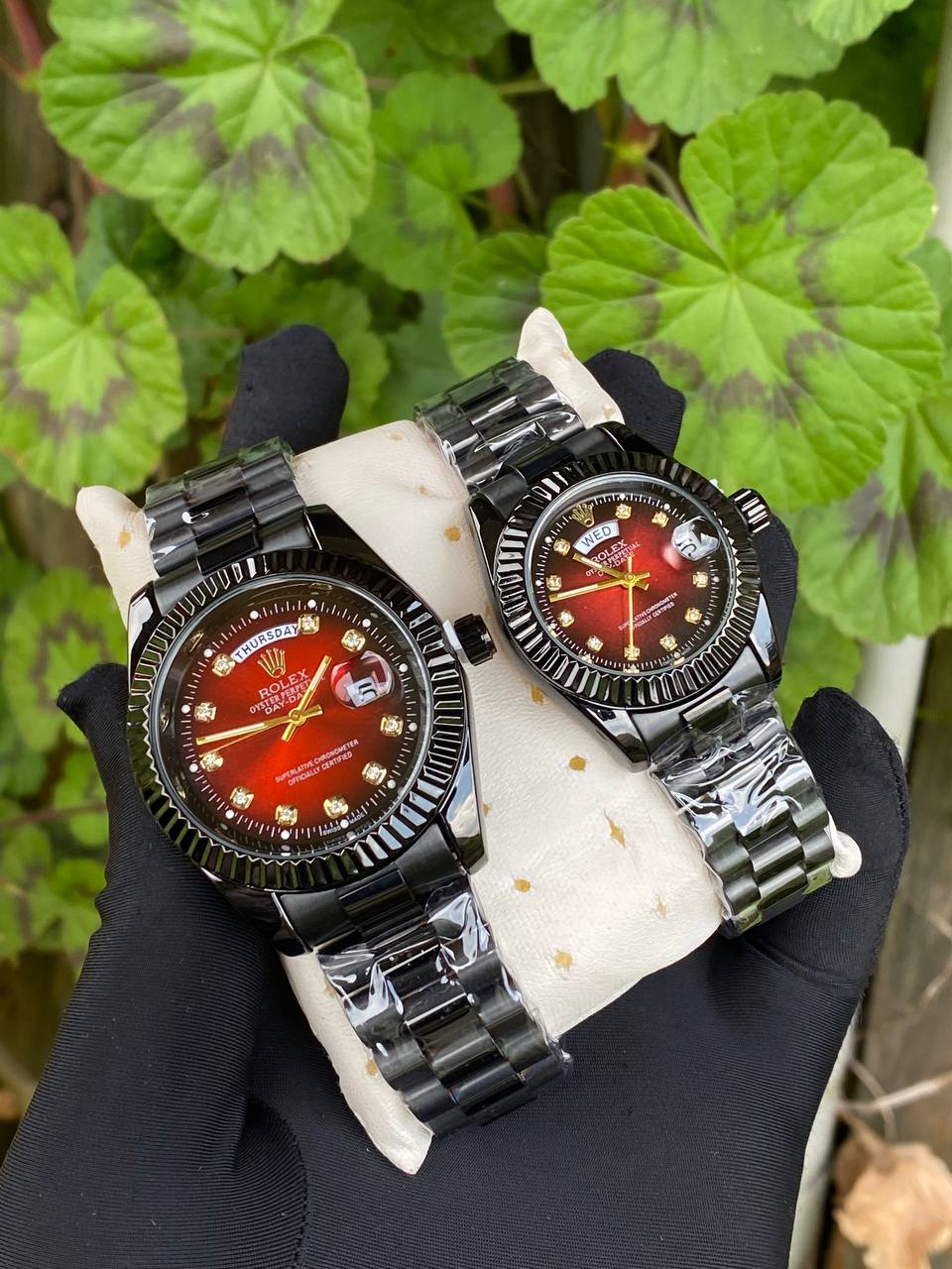 ROLEX COUPLE WATCHES SINGLE PIECE DAY AND DATE DISPLAY WATER RESISTANT BATTERY POWERED ENQUIRIES